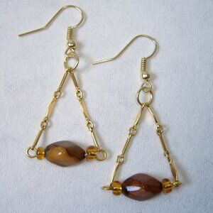 Brown Amber Earrings Beaded Gold Tone Metal Chain Handcrafted Dangle Pierced New